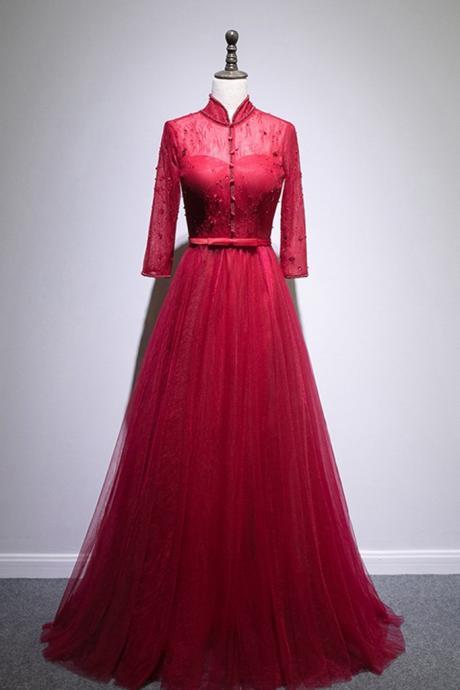 Burgundy Lace Long Sleeve Chinese Style Formal Prom Dress With Bowknot