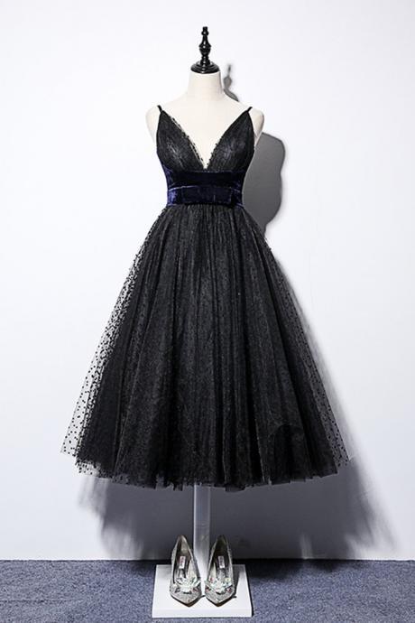 Black Tulle Mid Length V Neck Prom Dress, Simple Party Dress