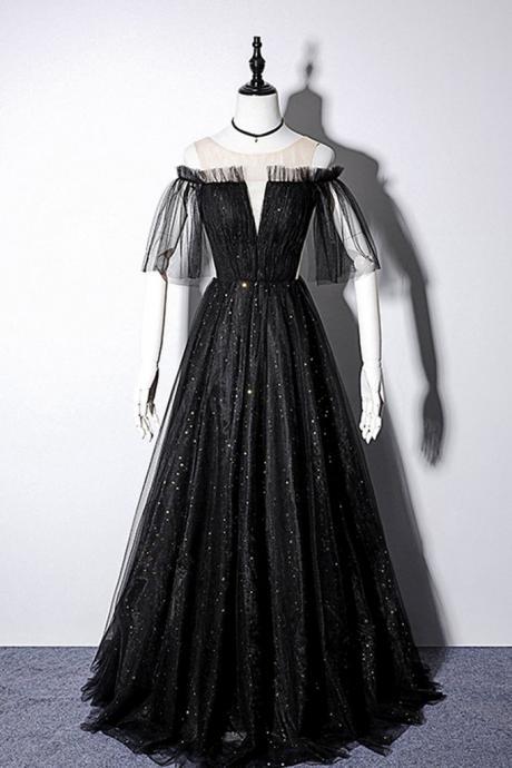 Black Tulle Short Sleeve Sequins Long Prom Dress, Evening Dress