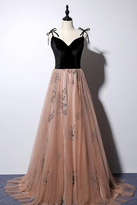 Champagne Pink Tulle Black Velvet Long Spaghetti Straps Open Back Prom Dress