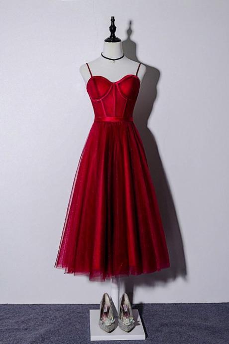 Wine Red Tulle Tea Length Sweetheart Neck Corset Prom Dress, Homecoming Dress
