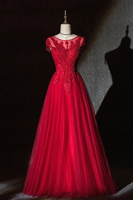 Red Tulle Crystal Sequins Long Prom Dress, Cap Sleeve Formal Dress