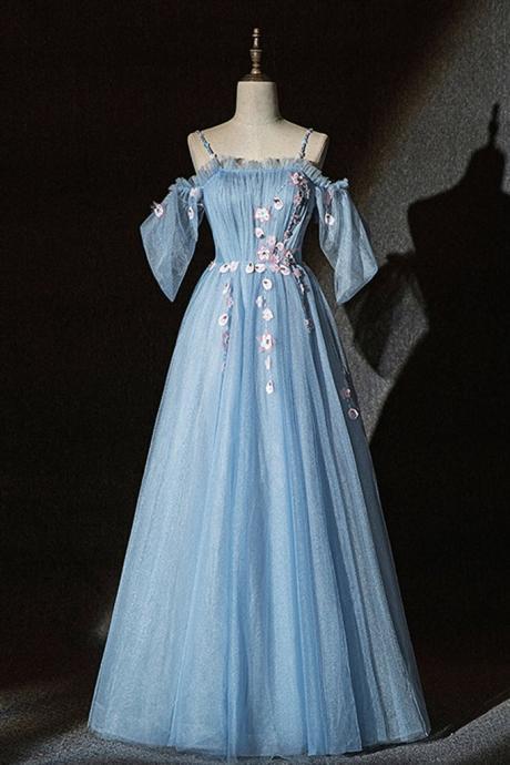 Light Blue Tulle Crystal Off Shoulder Long Prom Dress With Applique