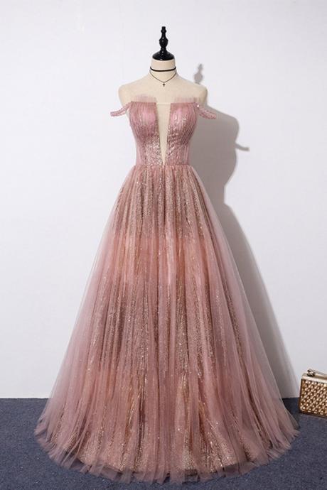 Unique Pink Sequins Tulle Off Shoulder Long Custom Size Senior Prom Dress