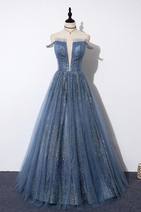 2021 Unique Blue Sequins Tulle Off Shoulder Long Prom Dress, Evening Dress