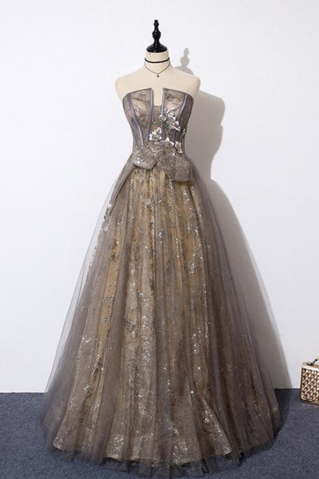 Gray Gold Tulle Strapless Customize Long Prom Dress, Formal Dress With Applique