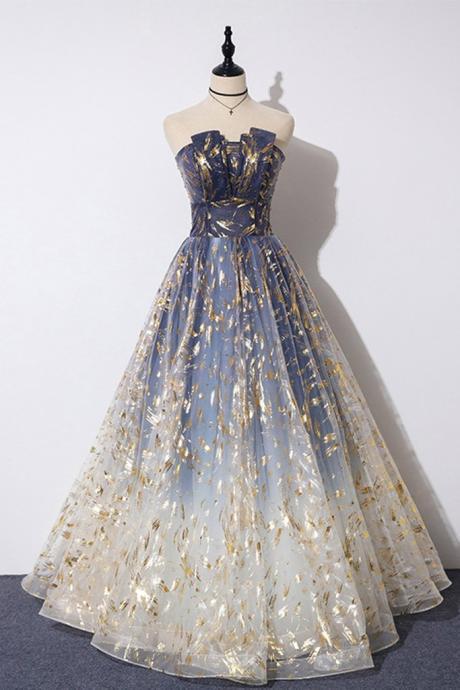 Blue Floral Print Tulle Strapless Long A Line Prom Dress, Graduation Dress