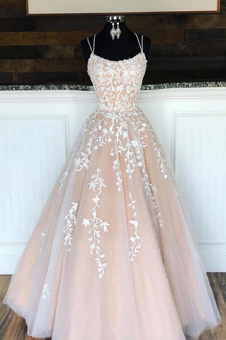 Champagne Tulle Lace Applique Long Open Back Prom Dress, Formal Dress