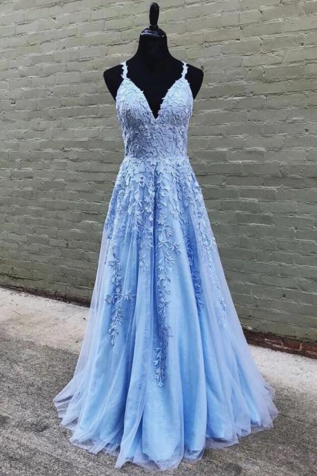 Blue Lace Tulle V Neck Long A Line Senior Prom Dress, Evening Dress