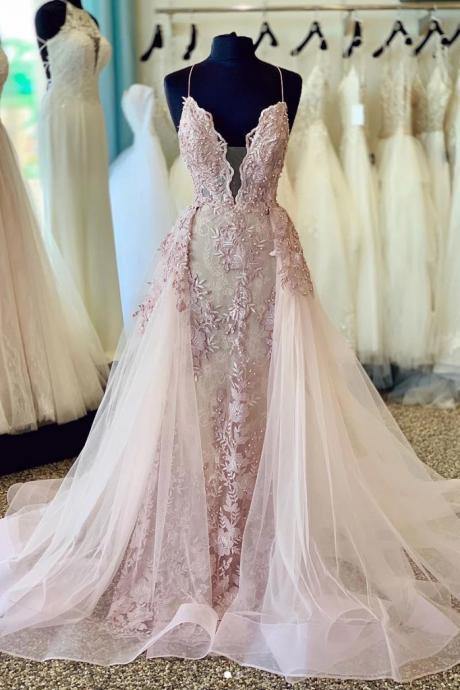 Pink Embroidery Lace Tulle Spaghetti Straps Long Evening Dress, Pink Formal Prom Dress