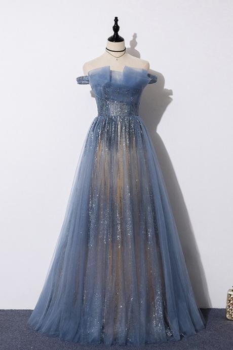 Stunning Blue Tulle Sequins Off Shoulder Long Senior Prom Dress, Evening Dress