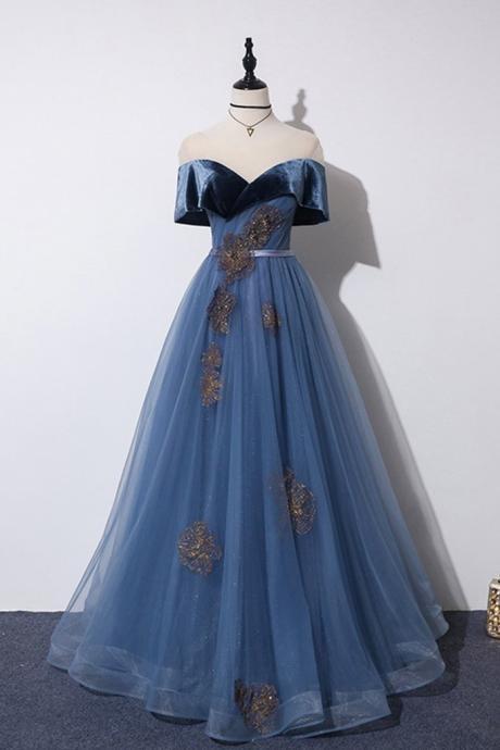 Blue Tulle Lace Up Long A Line Prom Dress, Evening Dress With Applique
