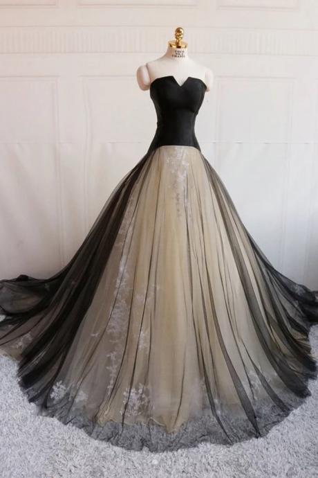Black Tulle Strapless Long Customize Lace Up Prom Dress, Evening Dress