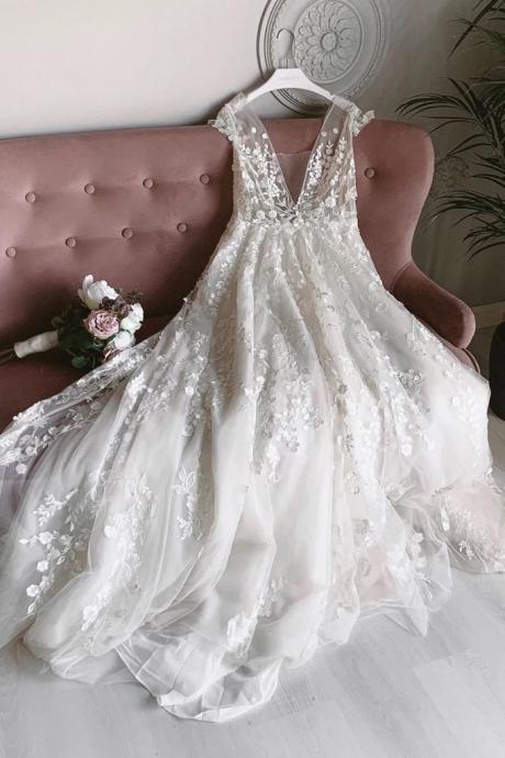 White Tulle V Neck Open Back Long Flower Lace Senior Prom Dress, Wedding Dress