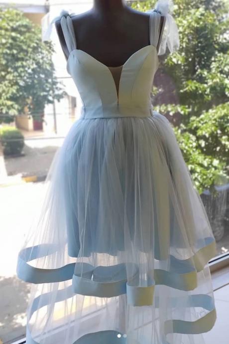 Light Blue Tulle Long Layered A Line Prom Dress, Graduation Dress