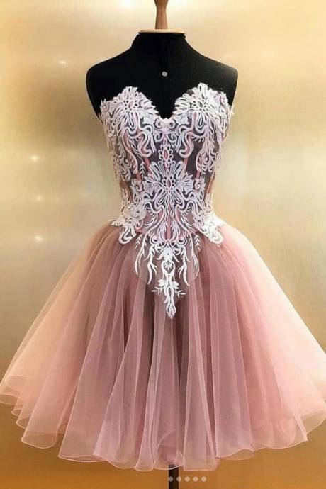 Sweetheart Neck Pink Tulle White Lace Short Prom Dress, Homecoming Dress