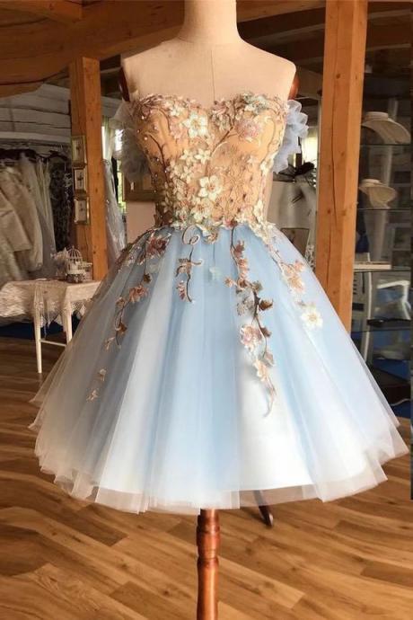 Blue Tulle Embroidery Lace Off Shoulder Short Prom Dress With Sleeve