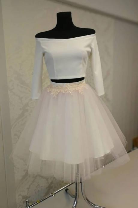 White Tulle Long Sleeve Strapless Short 2pieces Prom Dress, Homecoming Dress