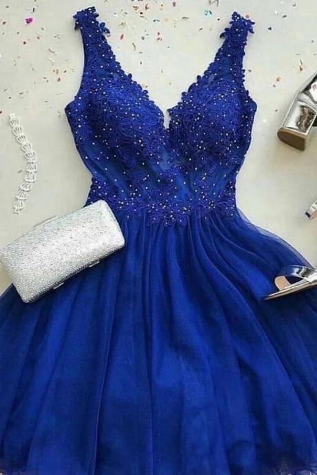 Cute Royal Blue Lace Tulle V Neck Short Prom Dress, Bridesmaid Dress