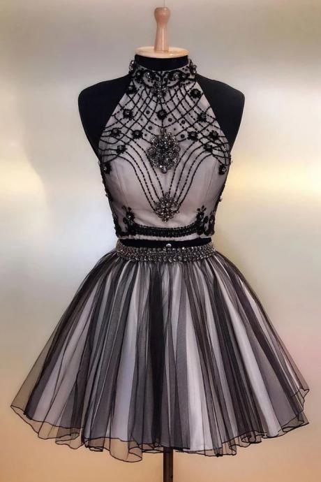 Black Tulle O Neck Strapless Short Two Pieces Prom Dress, Beaded Homecoming Dress