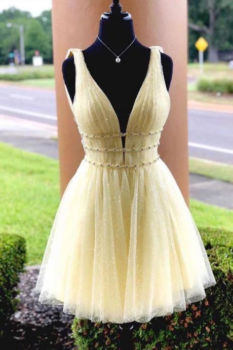 Stunning Yellow Tulle V Neck Short Beaded Prom Dress, Homecoming Dress