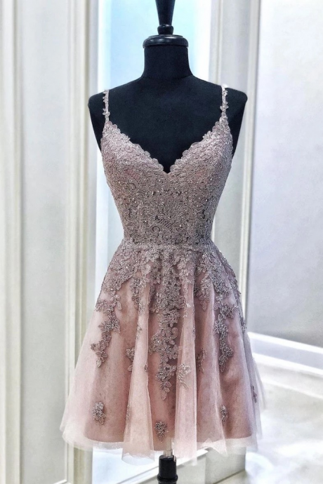 Pink Tulle Lace Spaghetti Straps Short Prom Dress, Mini Party Dress