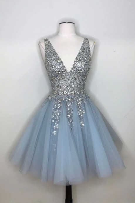Spring Blue Tulle V Neck Sequins Short Prom Dress, Mini Party Dress
