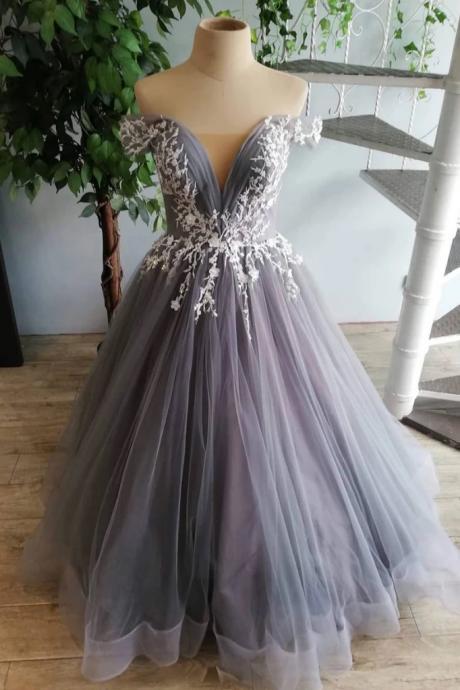 Gray Tulle Off Shoulder Long Lace Applique Senior Prom Dress, Open Back Party Dress