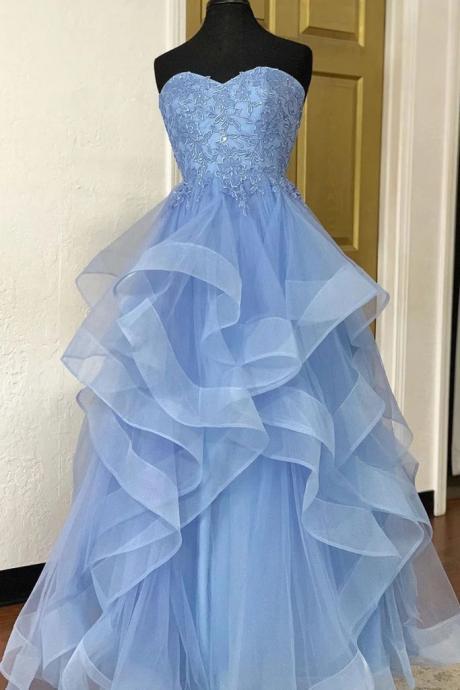 Strapless Blue Tulle Long Layered Prom Gown, Prom Dress With Lace Applique