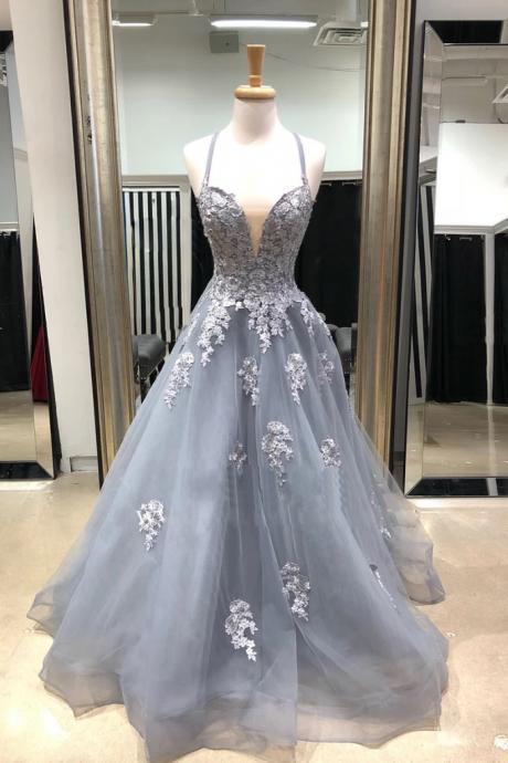 Gray Tulle Spaghetti Straps Long Prom Dress, Evening Dress With Applique