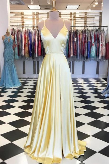 Simple Yellow Satin Long Lace Up Back Prom Dress, Party Dress