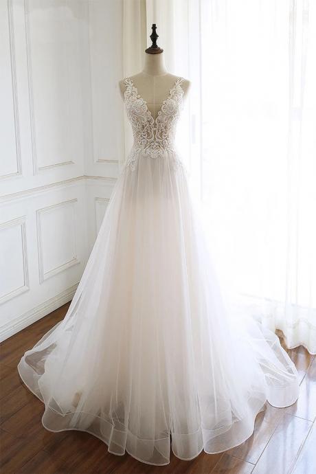 White Tulle Lace Custom Size Long Wedding Dress, Formal Prom Dress