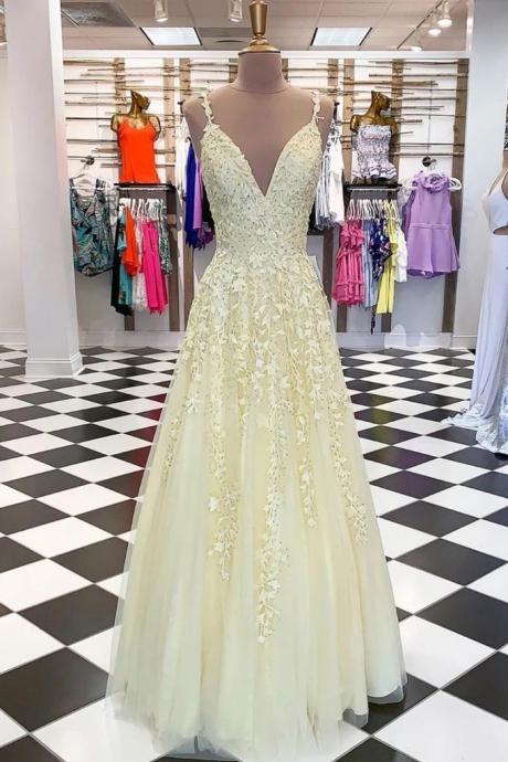 Fresh Yellow Tulle Long Lace Applique Senior Prom Dress, Evening Dress