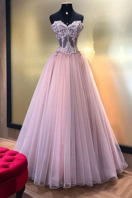 Sweetheart Neck Pink Lace Tulle A Line Senior Prom Dress, Formal Dress