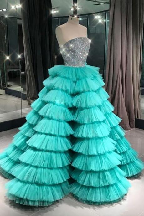 Green Tulle Sweetheart Layered Beaded Long Quinceanera Dress, Sweet 16 Prom Dress