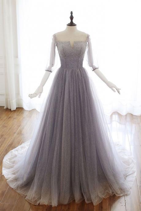 Stunning Light Purple Tulle V Neck Long Sleeve Prom Dress, Formal Dress