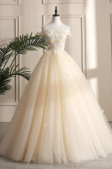 Champagne Tulle Off Shoulder Long Prom Dress, Flower Lace Prom Gown With Sleeve