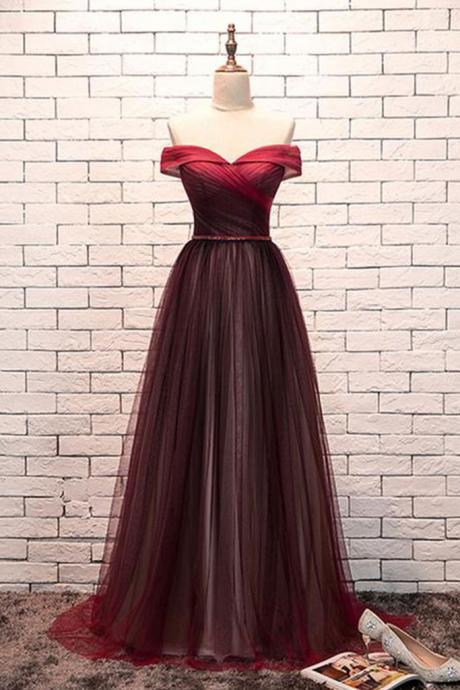 Burgundy Tulle Off Shoulder Long Strapless Senior Prom Dress, Party Dress