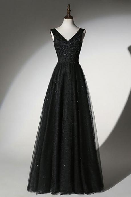 Black Lace V Neck Sequins Long Prom Dress, Black Evening Dress