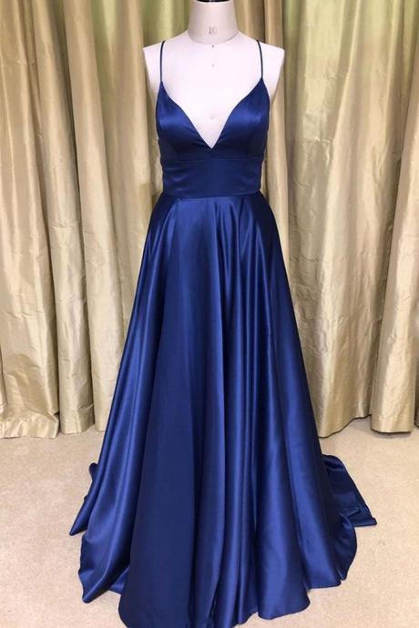 Royal Blue Satin Long V Neck A Line Prom Dress, Evening Dress