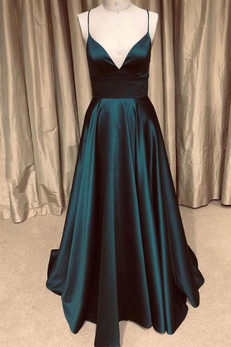 Simple Deep Green Satin Long V Neck Prom Dress, Evening Dress