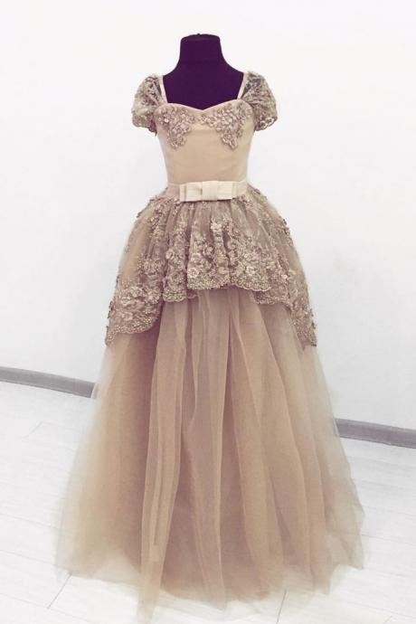 Champagne Tulle Lace Sweetheart Puffy Sleeve Prom Gown, Senior Prom Dress