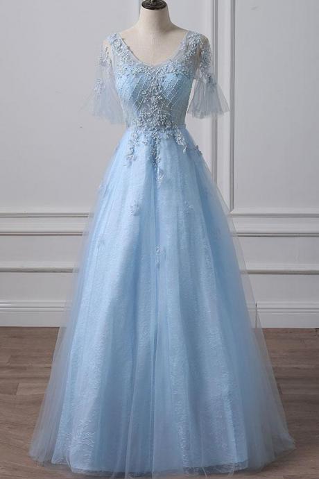 Blue Tulle Sequins Mid Sleeve Long Formal Prom Dress With Applique
