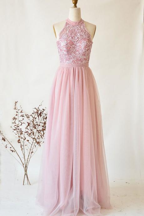 Pink Tulle Lace Strapless O Neck Long Senior Prom Dress, Graduation Dress