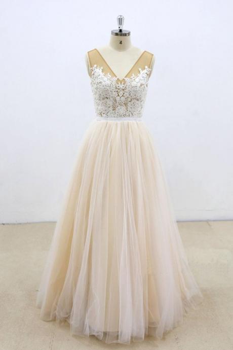 Creamy Airy Tulle V Neck Long Senior Prom Dress, Lace Evening Dress