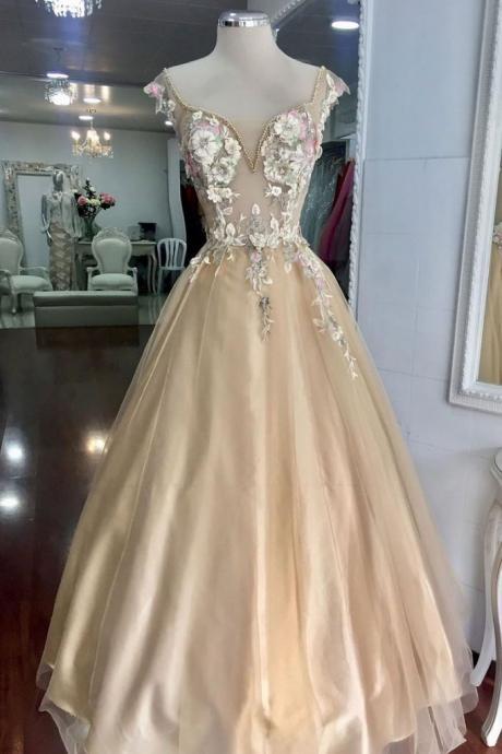Champagne Tulle V Neck Long Lace Flower Senior Prom Dress, Evening Dress