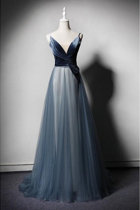 Design Blue Tulle Velvet Long V Neck Senior Prom Dress, Occasion Dress