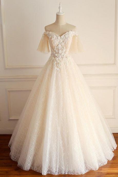 Light Champagne Tulle Lace Short Sleeve Strapless Long Formal Prom Dress, Wedding Dress