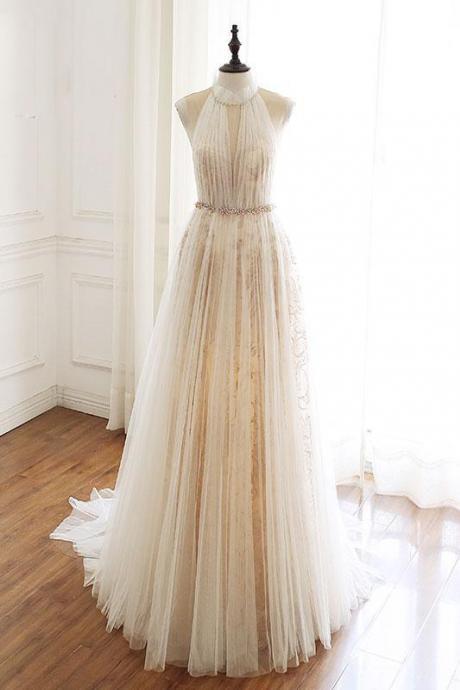 Creamy Tulle High Neck Long Floral Lace Prom Dress, Evening Dress With Beaded Waistline