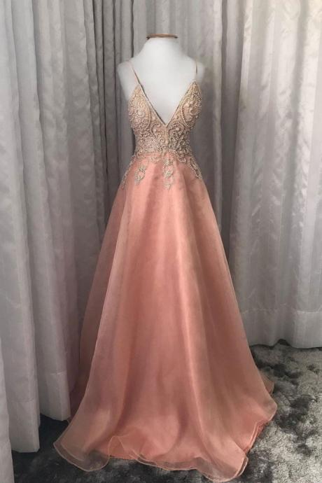 Unique Long Pink Tulle Beaded V Neck Spaghetti Straps Prom Dress, Evening Dress
